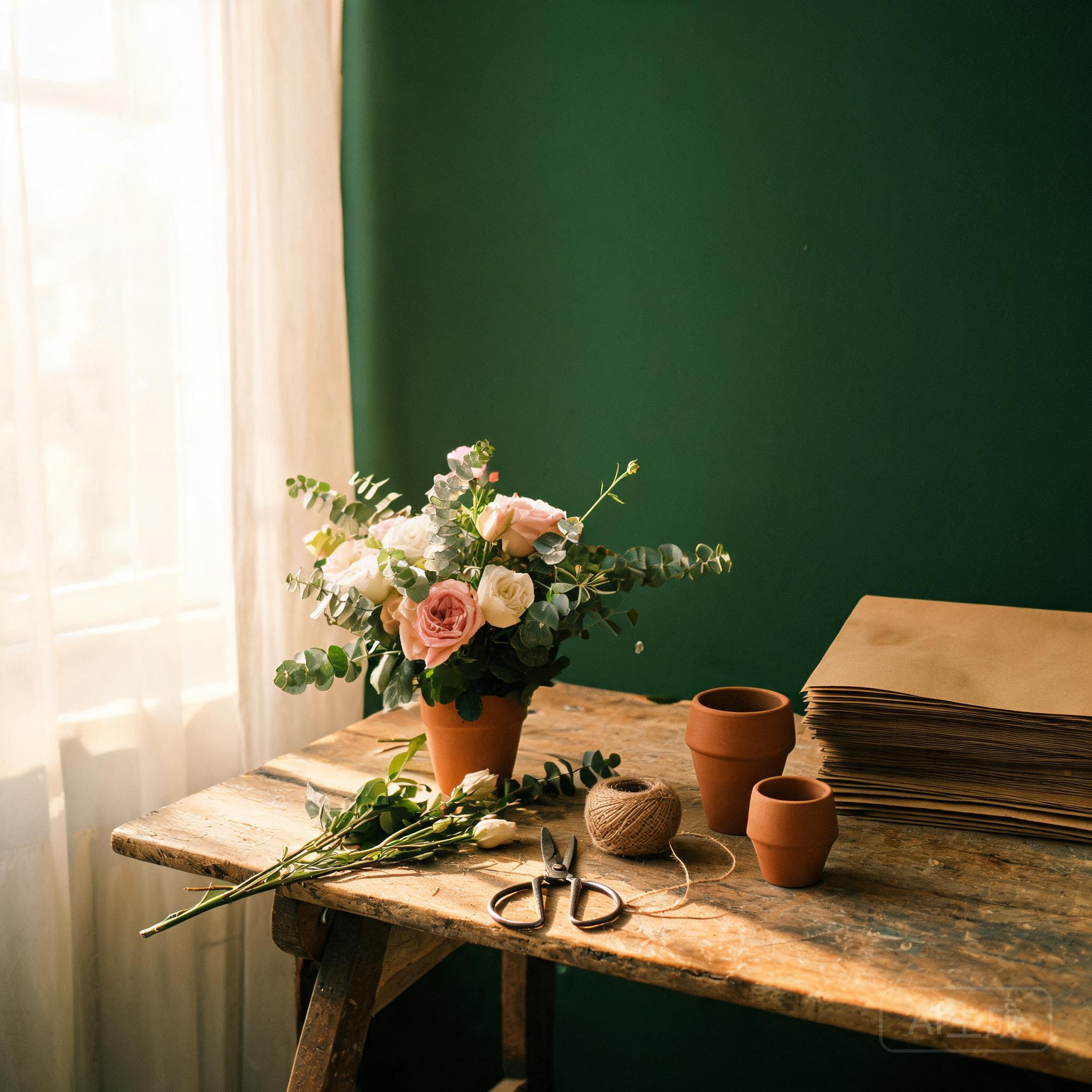 Inside the Maison Larkspur atelier — a worn wooden table with a half-arranged bouquet, shears, twine, and stoneware vases, lit by a soft window.