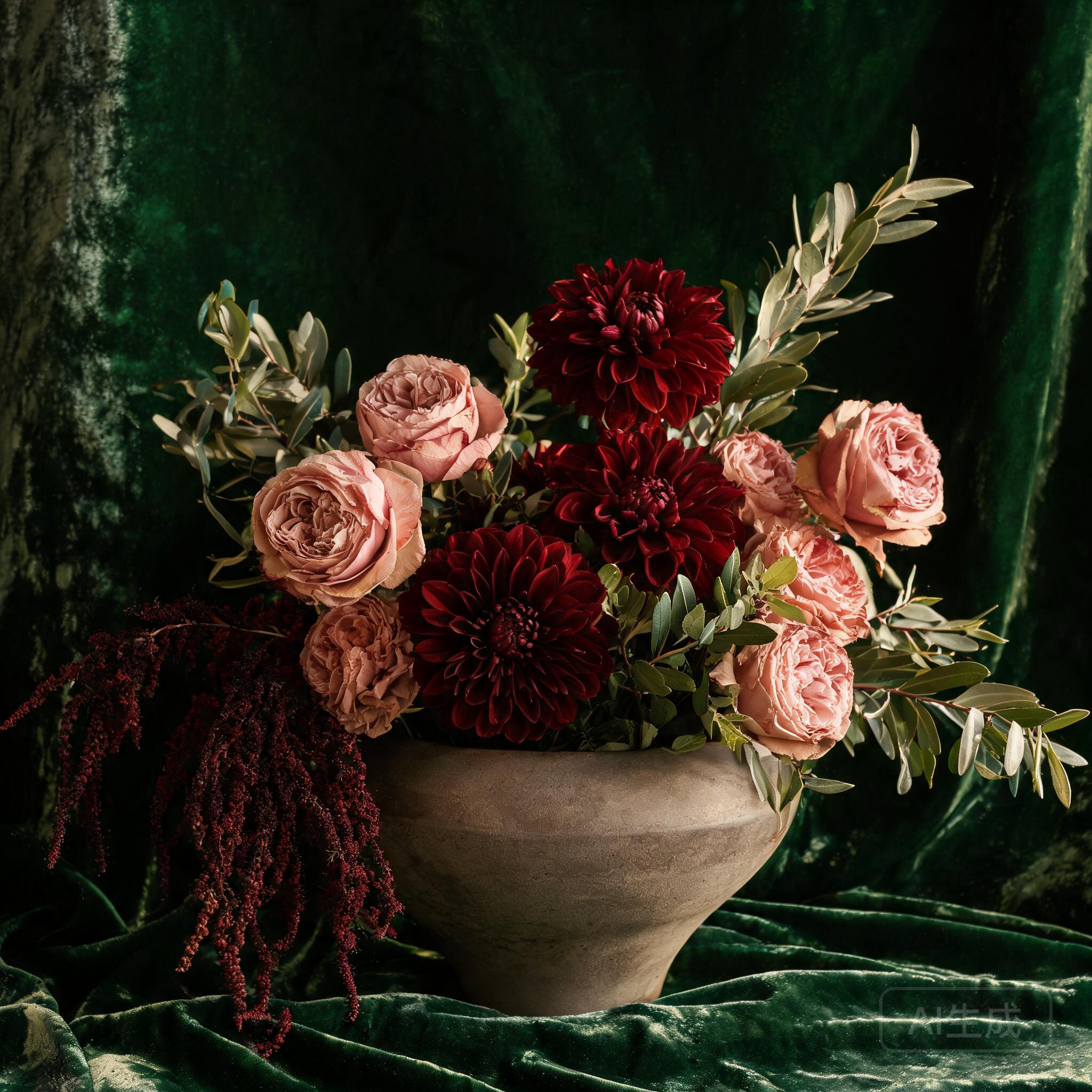 A romantic arrangement of deep burgundy dahlias, dusty pink garden roses, and trailing amaranthus, photographed against deep forest green velvet.