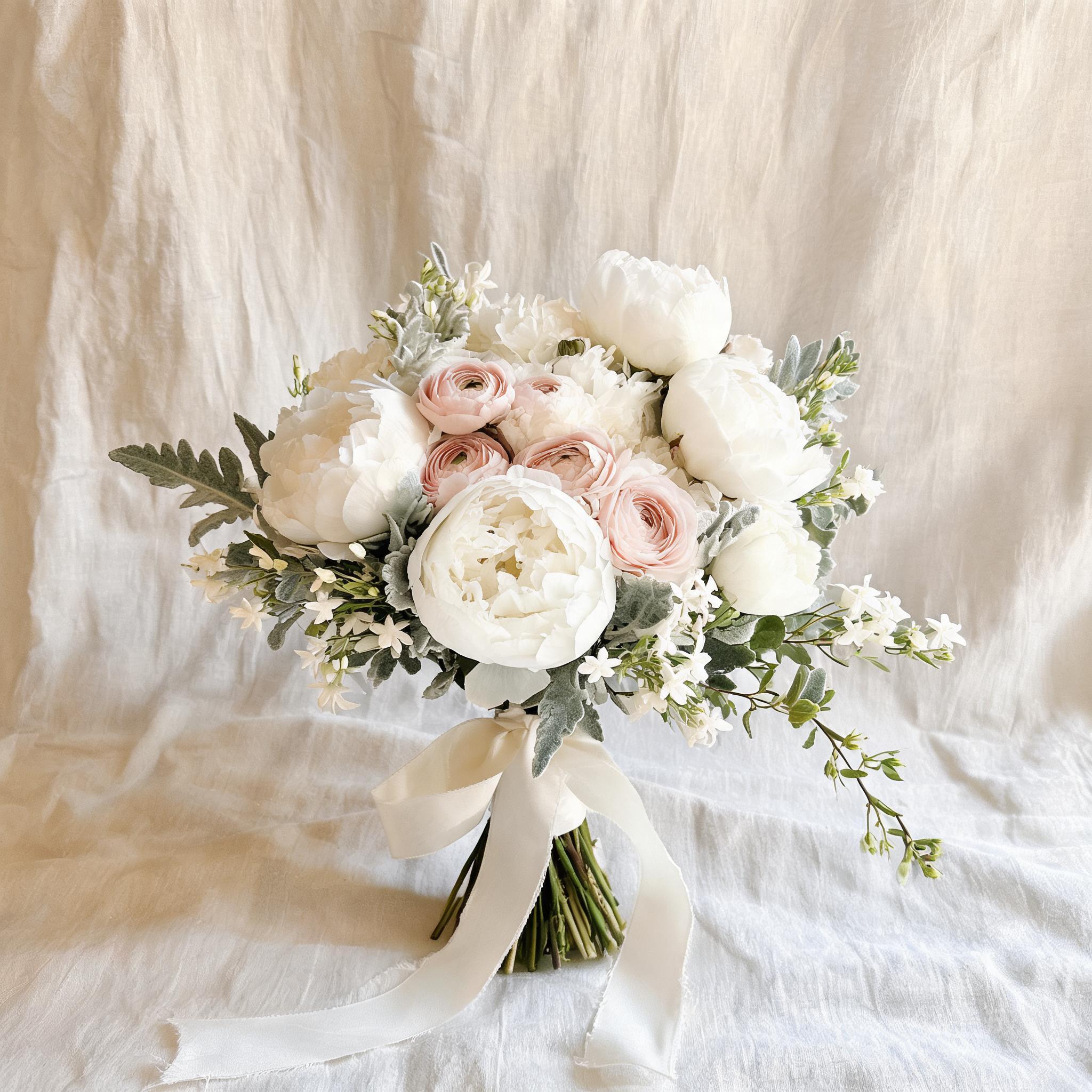 A bridal bouquet of white peonies, blush ranunculus, and trailing jasmine, hand-tied with raw silk ribbon.