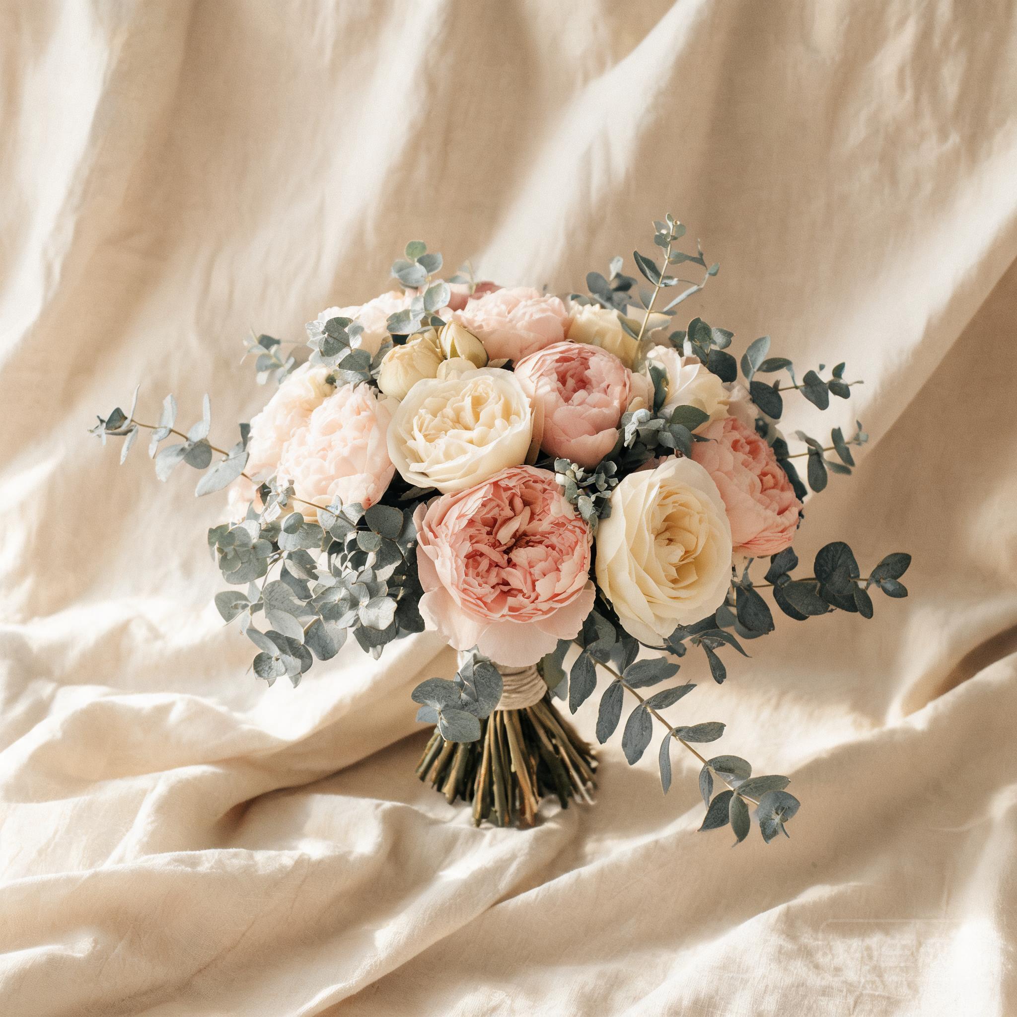 A hand-tied bouquet of blush peonies, ivory garden roses, and trailing eucalyptus, photographed on warm cream linen.